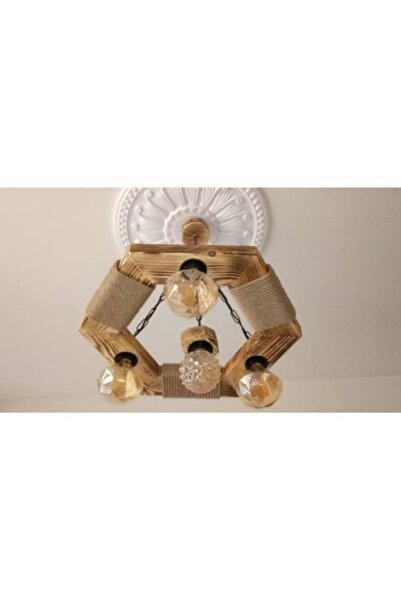 Genel Markalar Şık 4'lü Halatlı Altıgen Ahşap Vintage Avize, sıcak ve doğal a...