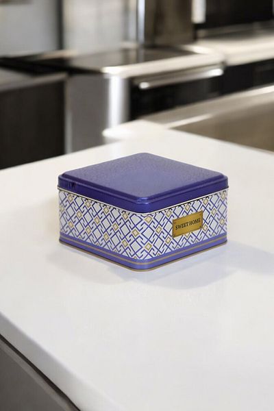 EVLE Ef026-a9 Turkish White Blue_swt Home Patterned Square Metal Storage Container 16x16 Cm
