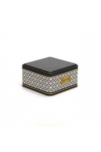 EVLE Ef026-x7 Turkish White Black Patterned Square Metal Storage Container 16x16 Cm