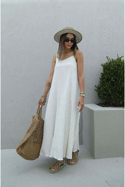 Bak'ap Μακρύ φόρεμα Bohemian Style Seersucker Fabric - Με λουράκι και επένδυση