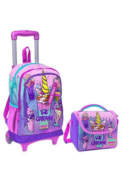 Coral High Pembe Mor Dondurma Işıklı Tekerlekli Okul Çantası ve Beslenme Seti...