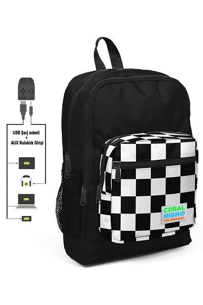 Coral High Rucsac pentru băieți - în carouri negre, cu priză USB și AUX