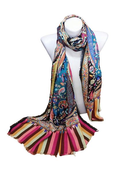 ByEnBi Indian Patterned Shawl Black Beige Green 100% Viscon 70x190 Cm