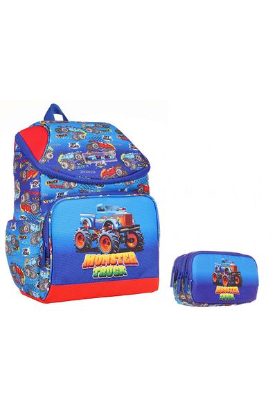 KAUKKO Rucsac de școală cu model de camion albastru și roșu și set de suporturi pentru stilouri pentru băiat