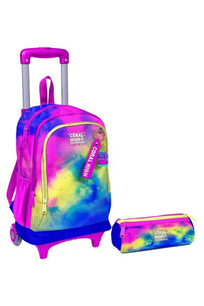 Coral High Renkli Batik Işıklı Tekerlekli Çekçek Çanta ve Kalemlik Seti - Kız...