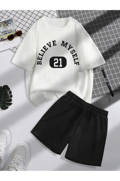 Revasser Unisex Kadın/Erkek Beyaz Yeşil Believe Özel Baskılı Şort T-shirt Takımı