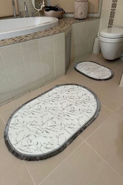 YTR HOME Glitter Bamboo Non-Slip Leather Base Dust Stain Resistant Set of 2 Toilet Bowl Bath Mat Set Oval