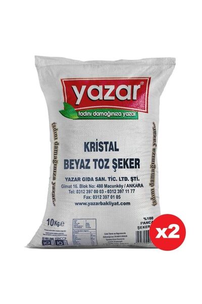YAZAR Kristal Toz Şeker 10 Kg x 2 Adet