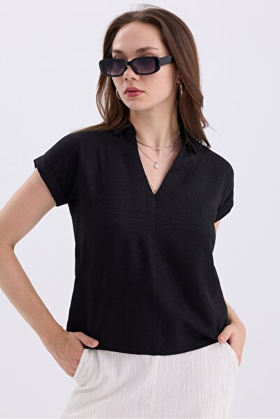 MD trend V-Neck Short Sleeve Linen Women's Shirt - Double Sleeve Basic Model