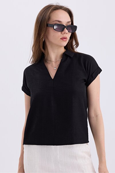 MD trend V-Neck Short Sleeve Linen Women's Shirt - Double Sleeve Basic Model