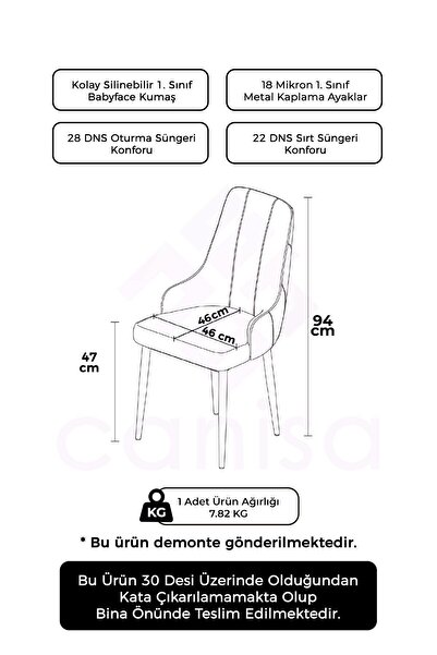 Canisa Newa Serisi 6 Adet Antrasit Sandalye 1.sınıf Babyface Kumaş Gümüş Kaplama Metal Ayaklı
