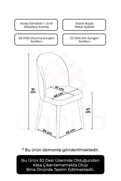 Canisa Aste Serisi 1 Adet Gri Mutfak Sandalyesi Metal Beyaz Iskeletli 1. Sınıf Babyface Kumaş