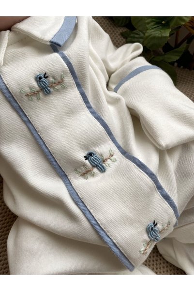 Mama Miel Baby Hand-Embroidered Blue Bird Newborn Baby Boy Romper and Hat