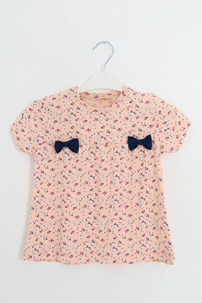 e-çocuk Flower Patterned Girl's T-Shirt with Bow Tie - 22264