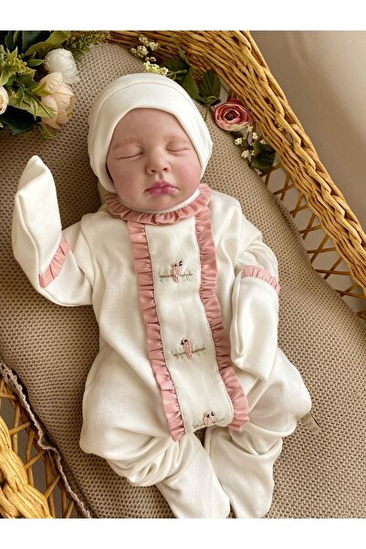 Mama Miel Baby Kız Bebek El Işlemesi Pembe Kuşlu Yenidoğan Tulum Ve Şapka Takımı