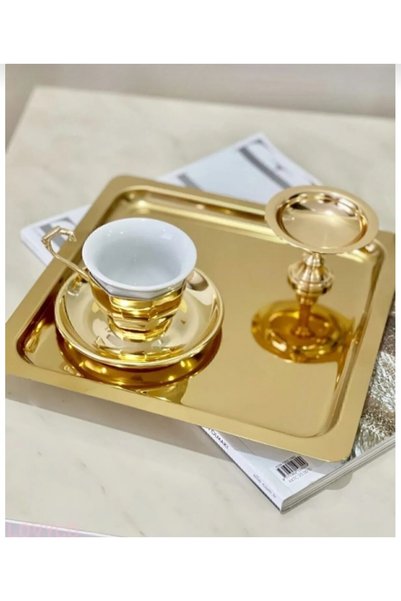 Abant Brand 4-Piece Luxury Square Stainless Steel Gold Color 21X21Cm Coffee Serving Presentation Tray