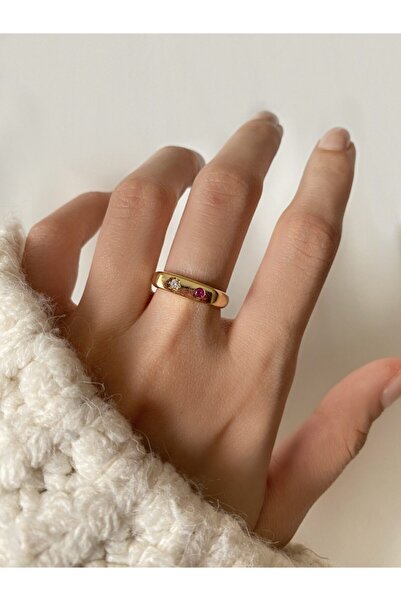 Okkostore Kadın Gold Ayarlanabilir Mini Kırmızı Taşlı Yüzük