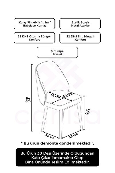 Canisa Tura Serisi 2 Adet Antrasit Yemek Odası Sandalyesi Metal Beyaz Ayaklı 1. Sınıf Babyface Kumaş