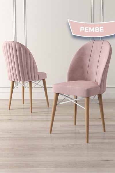 Canisa Jena Serisi 4 Adet Pembe Doğal Ahşap Ayak Beyaz Kafes 1.sınıf Babyface Kumaş Sandalye