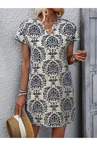 Viyamo Women's Short Sleeve notch Collar Ethnic floral Print Lycra Satin Dress