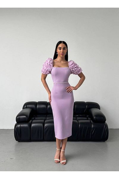 mafdress shoulder detailed pearls square collar lilac midi length evening dress