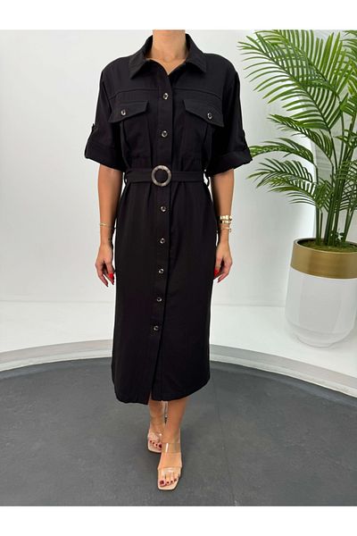 Elif Özbey Butik Φόρεμα Gabardine - Μαύρο, με κουμπιά και ζώνη στον λαιμό