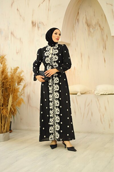 PİNK FLY Linen Hijab Dress - Patterned, Embroidered, Prevailing Collar and La...