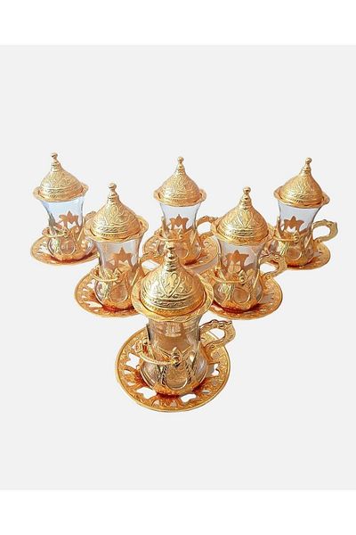 kapadokyahediyelik Ottoman Motif 6-Person 30-Piece Tea Cup Set Yellow Color
