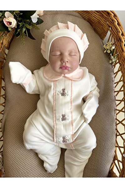 Mama Miel Baby بذلة لحديثي الولادة مطرزة يدويًا من القماش الوردي مع دمية دب و...