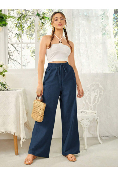 night blue Yüksek bel bolpaça keten pantolon- LACİVERT