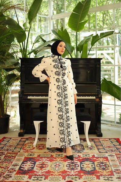 PİNK FLY Summer Patterned Embroidered Judge Collar Lace up Hijab Linen Dress