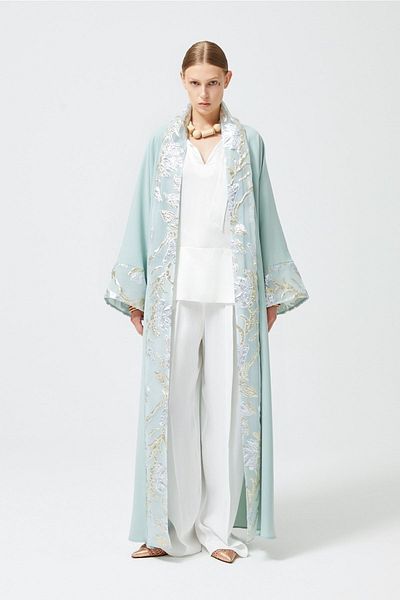 Nuum Design Brocade Garnished Abaya Mint Green & Shawl