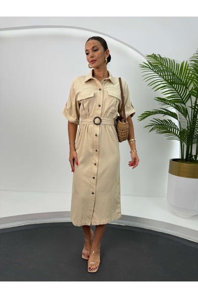 Elif Özbey Butik Φόρεμα Gabardine - Κουμπί και ζώνη με λεπτομερή πέτρα στον λαιμό