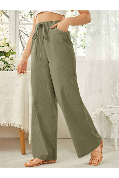 night blue Yüksek bel bolpaça keten pantolon- HAKİ