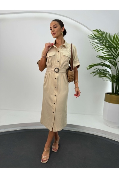 Elif Özbey Butik Φόρεμα Gabardine - Κουμπί και ζώνη με λεπτομερή πέτρα στον λαιμό