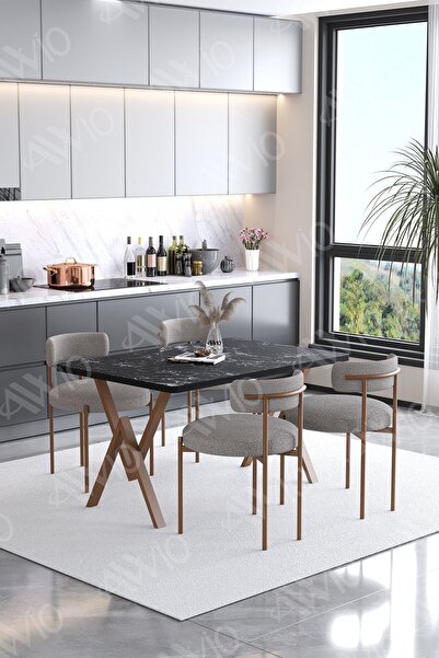 AVVİO Calina Teddy Sandalye 80x120 Yemek Masası Mutfak Masası 4 Kişilik Masa Sandalye Takımı(BUKLE KUMAŞ)