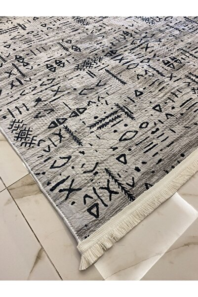 Dinaric Scandinavian Embossed Anti-Slip Base Washable Gel Cutting Carpet Runner Grey Fringed