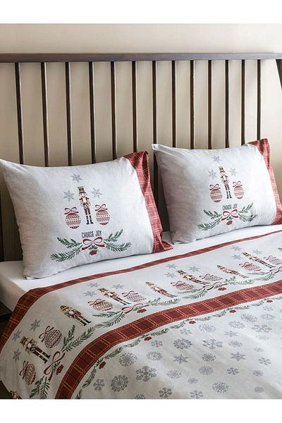 LC Waikiki Set cuvertură de pilota dublă cu tema de Anul Nou 100% bumbac Husă de pilota 200x200, față de pernă 50x70