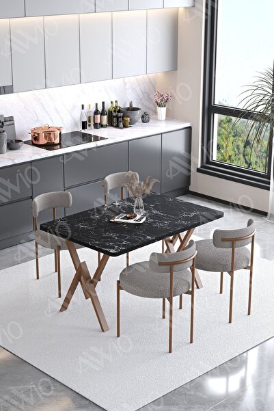 AVVİO Calina Teddy Sandalye 80x120 Yemek Masası Mutfak Masası 4 Kişilik Masa Sandalye Takımı(BUKLE KUMAŞ)