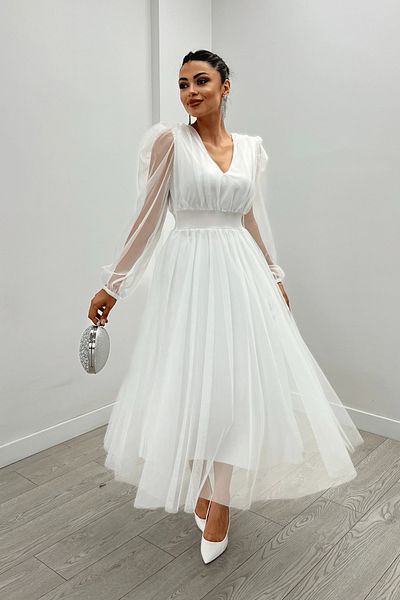 giyimmasalı Rochie Midi cu Decolteu în V din tul - ALB