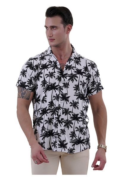 Exve Exclusive Μαύρη παλάμη σε λευκή ψηφιακή εκτύπωση Oversize Relaxed Fit κοντομάνικο φαρδύ πουκάμισο
