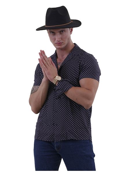 Exve Exclusive Oversize Relaxed Short Sleeve Loose Shirt with White Polka Dot Print on Navy Blue