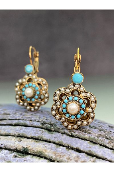 tasarımhikayecisi Mardin's Flowering Blue Earrings with Pearl and Turquoise Stones
