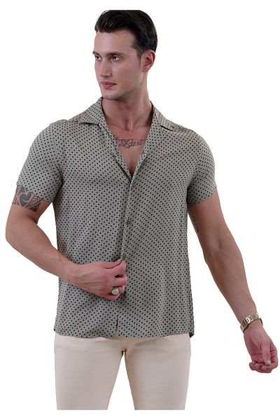 Exve Exclusive Khaki Green Black Polka Dot Oversize Relaxed Fit Short Sleeve Loose Shirt