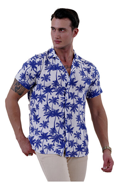 Exve Exclusive Широка широка риза с къс ръкав със синя хавайска палма върху бял дигитален принт
