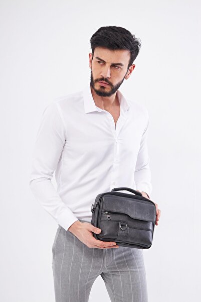 DERİNSS DEB5119 Men's Gray Genuine Leather Hand and Shoulder Bag - Shadow Design