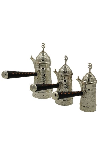 ANTEPSEPETİ Silver Plated Embroidered 3-Piece Copper Mirra Coffee Pot Set