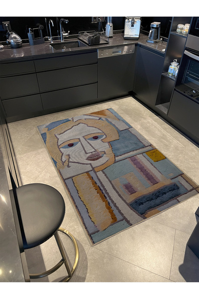 Rugs Modern Halı Shape Koleksiyonu Mavi Bej Tonlar Soyut Yüz Desenli Dokuma T...