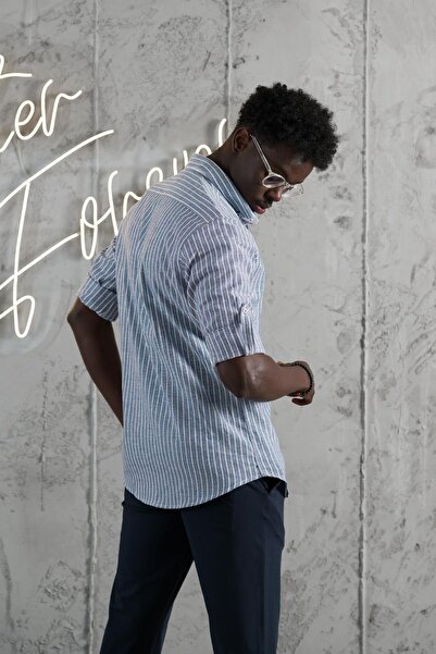 ADVANTE Смугаста сорочка з коміром на ґудзиках, з підкотами на рукавах, бавовняна, slimfit, літня, лляна