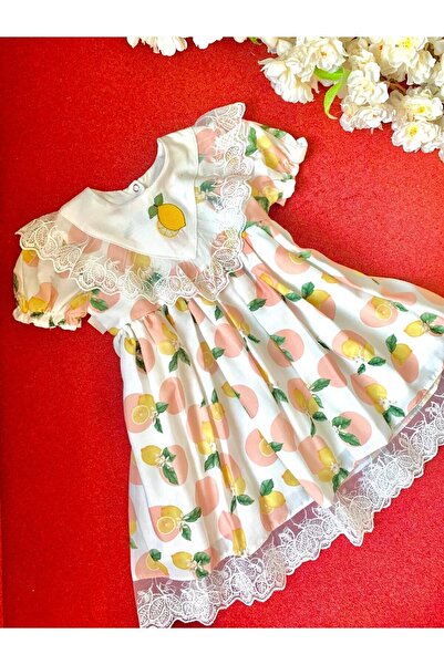 minikiti Baby Girl Lace Lemon Ruffle Lined Stylish Birthday Eid Special Occasion Dress